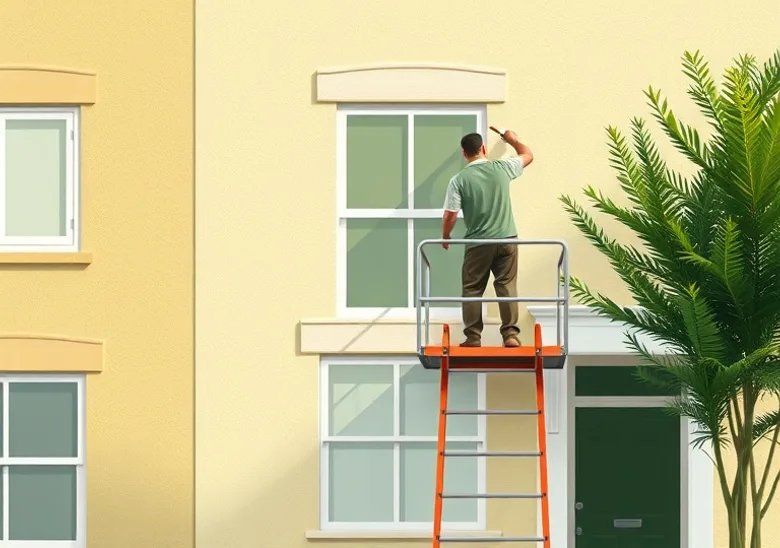 Peintre sur échafaudage traitant la façade d'une maison